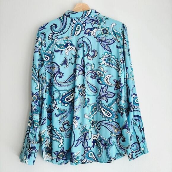 TALBOTS | Floral Paisley Utility Sleeve Buton Down Shirt Blue Sz L P - Picture 6 of 12